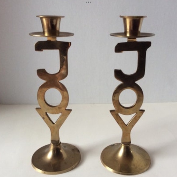 International Silver Company Other - Vintage Brass Candlesticks JOY Candle Holder Set Christmas Holiday Gold Pair